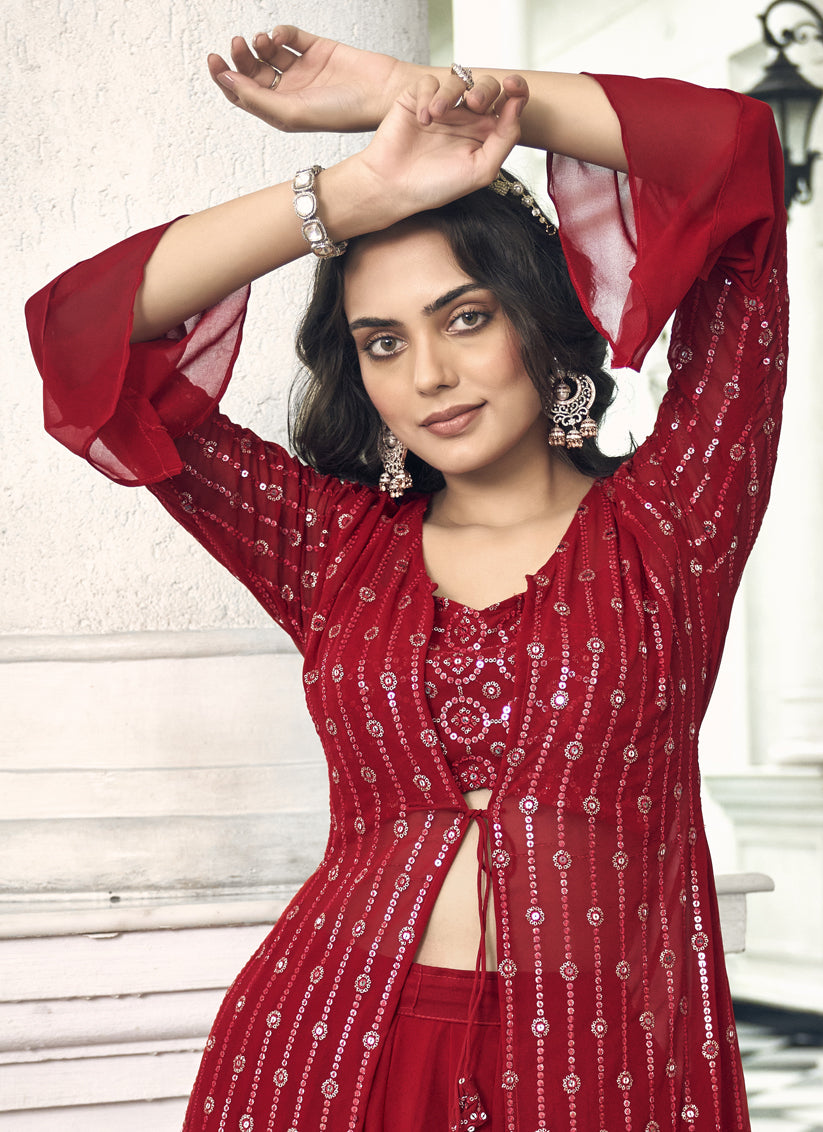 Crimson Red Faux Georgette Embroidered IndoWestern