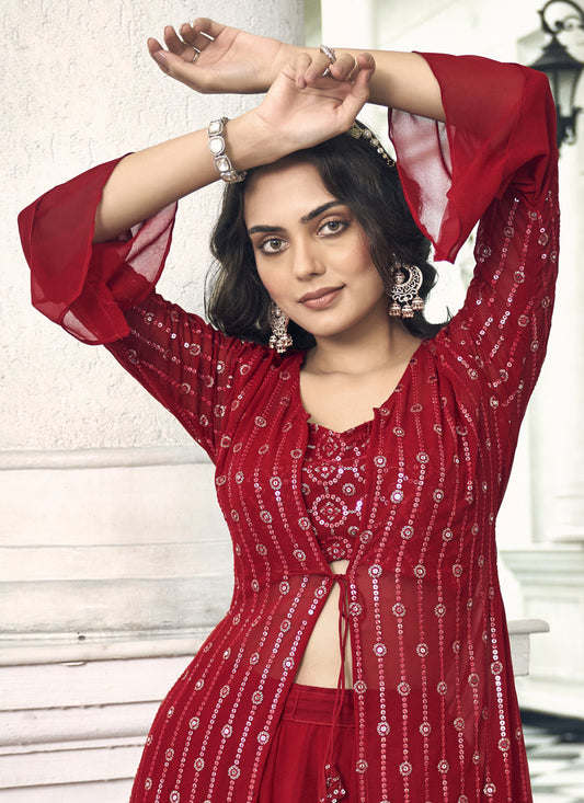 Crimson Red Faux Georgette Embroidered IndoWestern