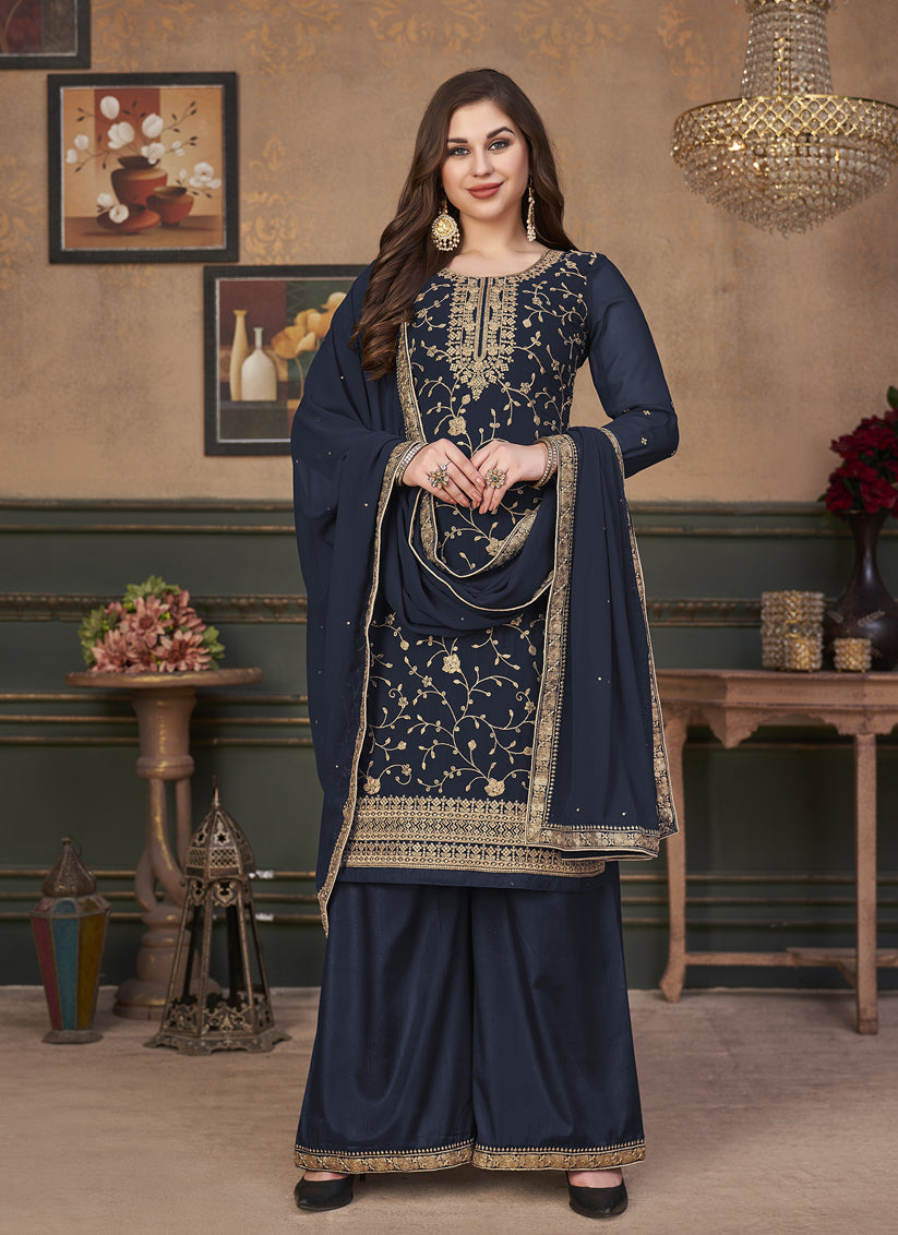 Navy Blue Faux Georgette Embroidered Palazzo Suit