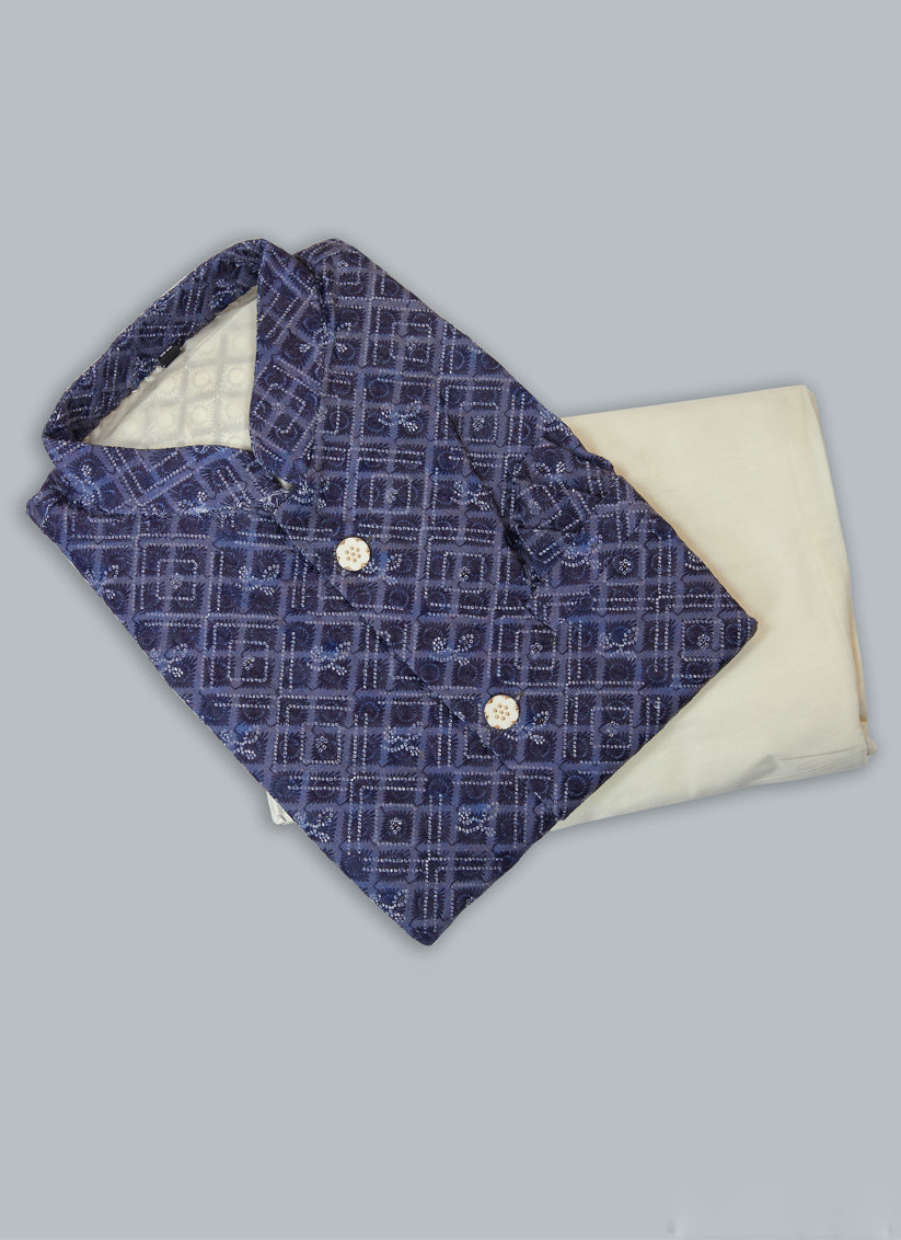 Off White Silk Kurta Pyjama with Navy Blue Jacket