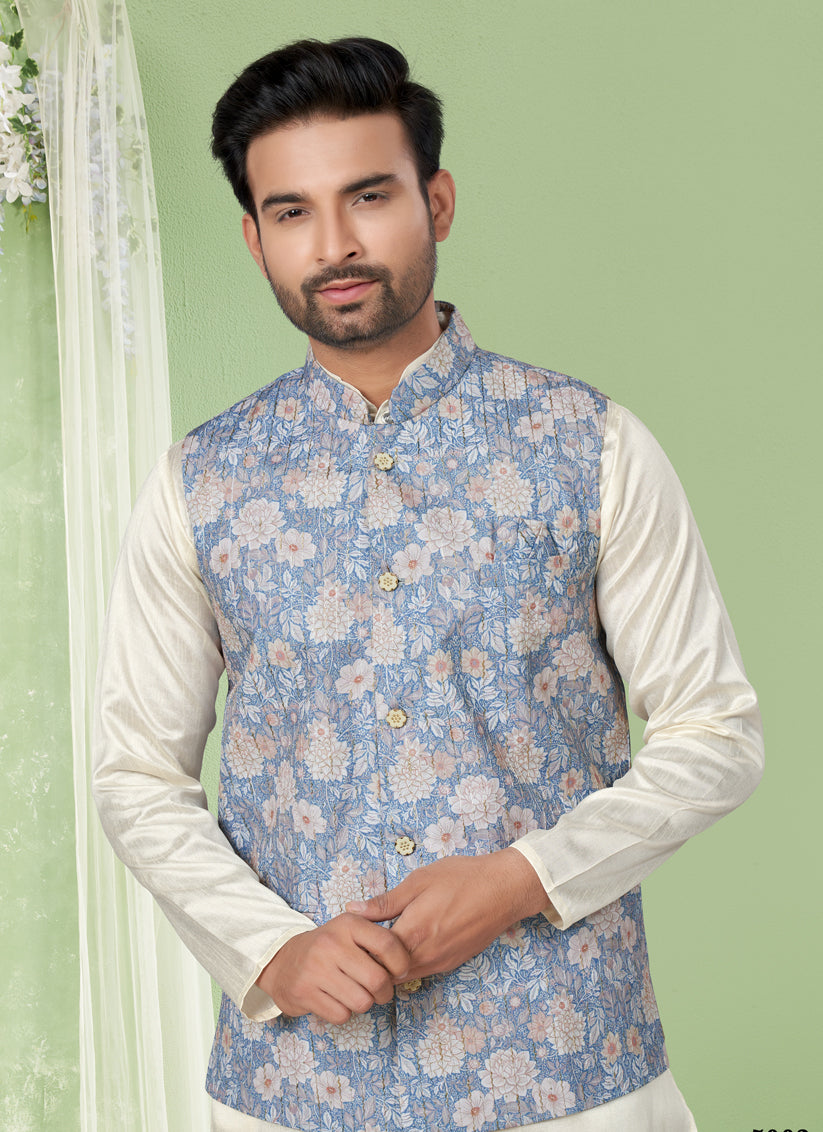 Cream Kurta Pyjama Set with Sky Blue Jacket