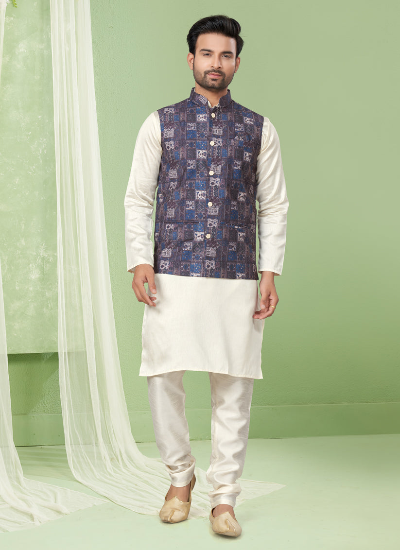 Cream Kurta Pyjama Set with Burgundy Jacket