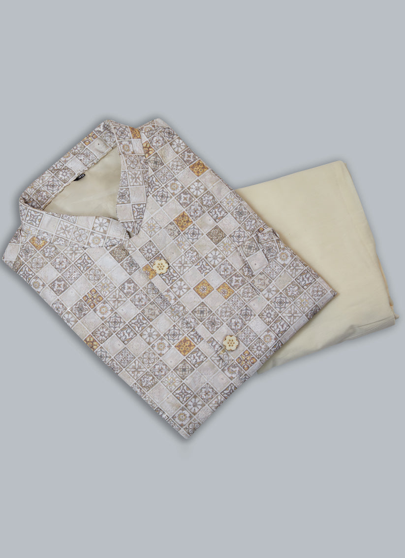 Off White Silk Kurta Pyjama with Off White Jacket