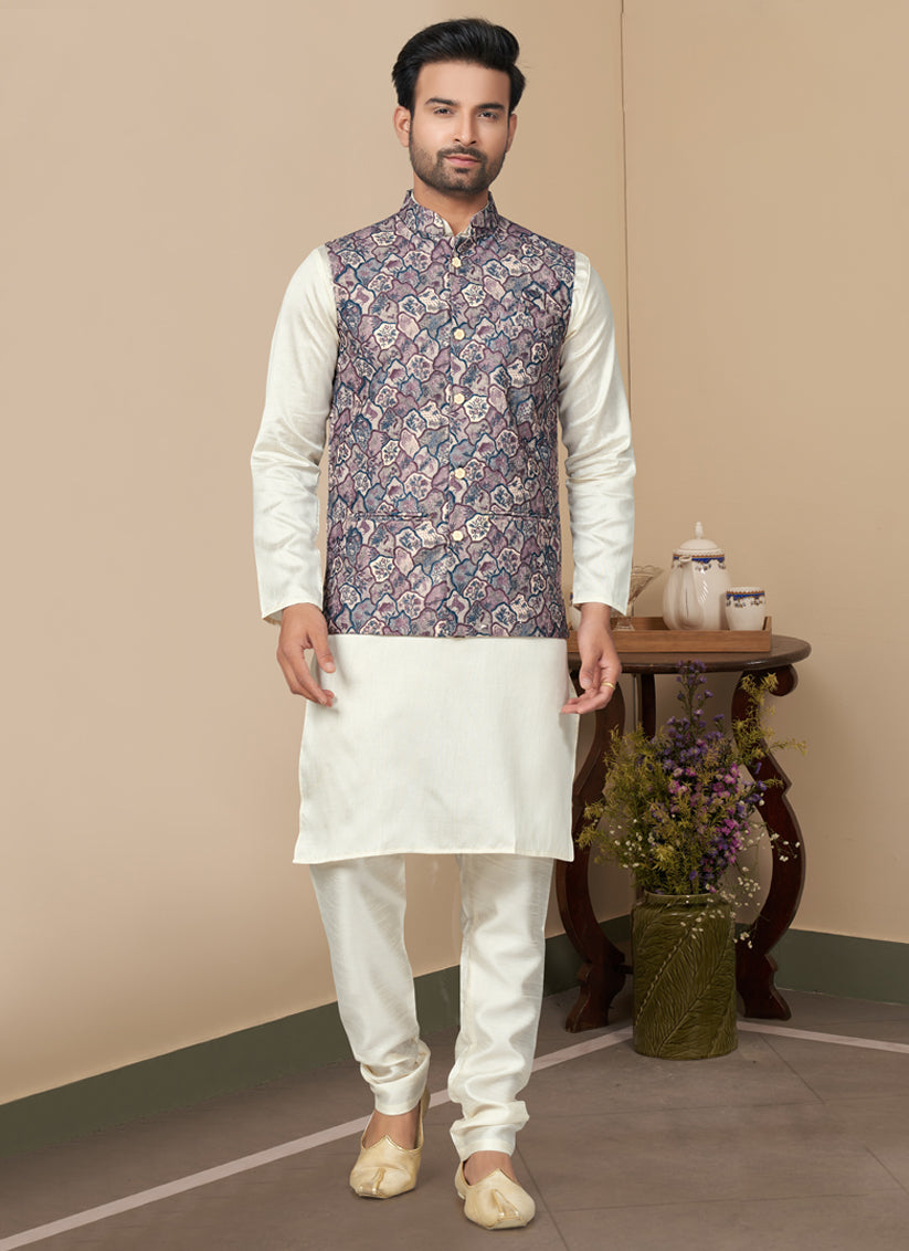 Off White Silk Kurta Pyjama with Multicolor Jacket