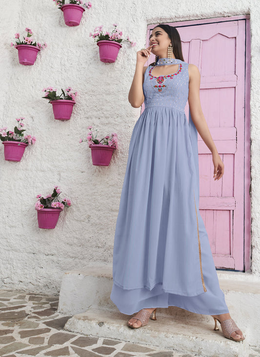 Sky Blue Georgette Embroidered Readymade Palazzo Kameez