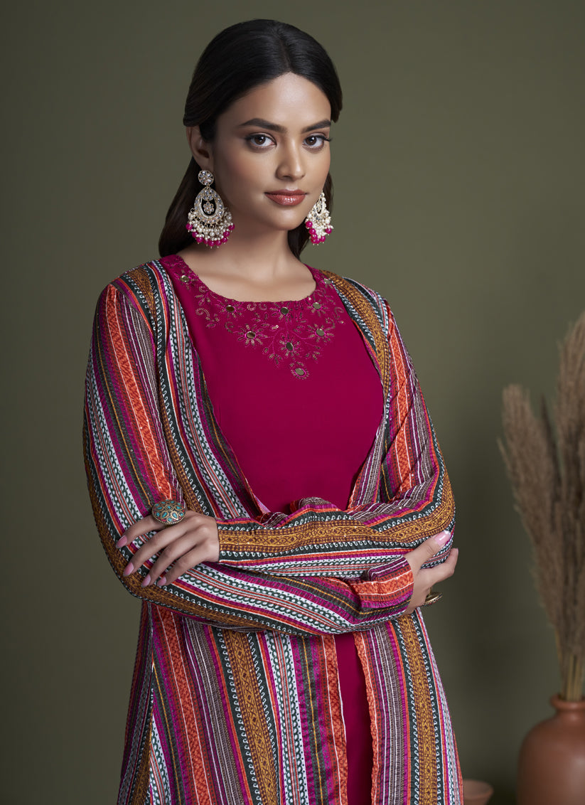 Magenta Georgette Palazzo with Crop Top and Jacket