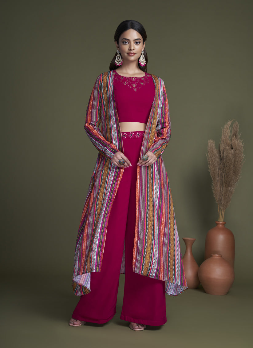 Magenta Georgette Palazzo with Crop Top and Jacket