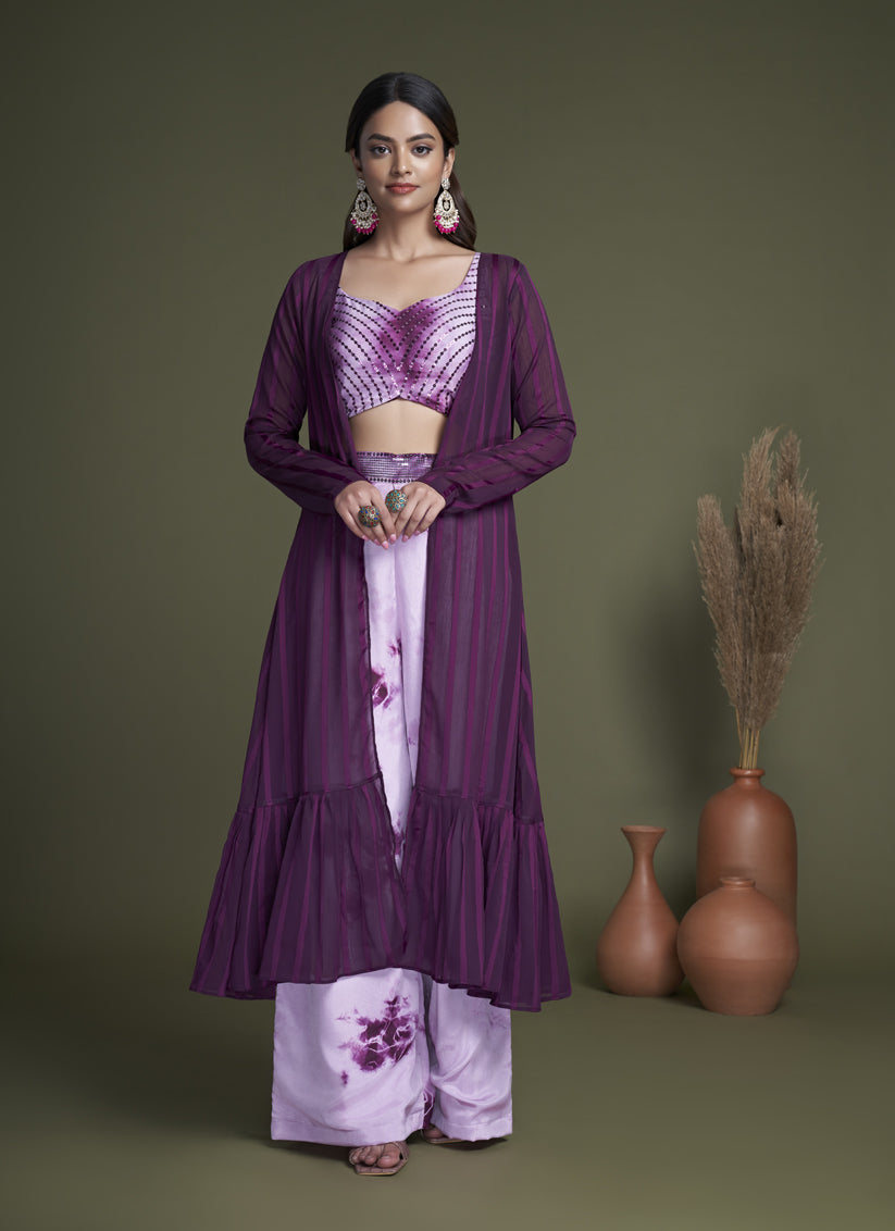 Lilac Silk Palazzo with Crop Top and Jacket