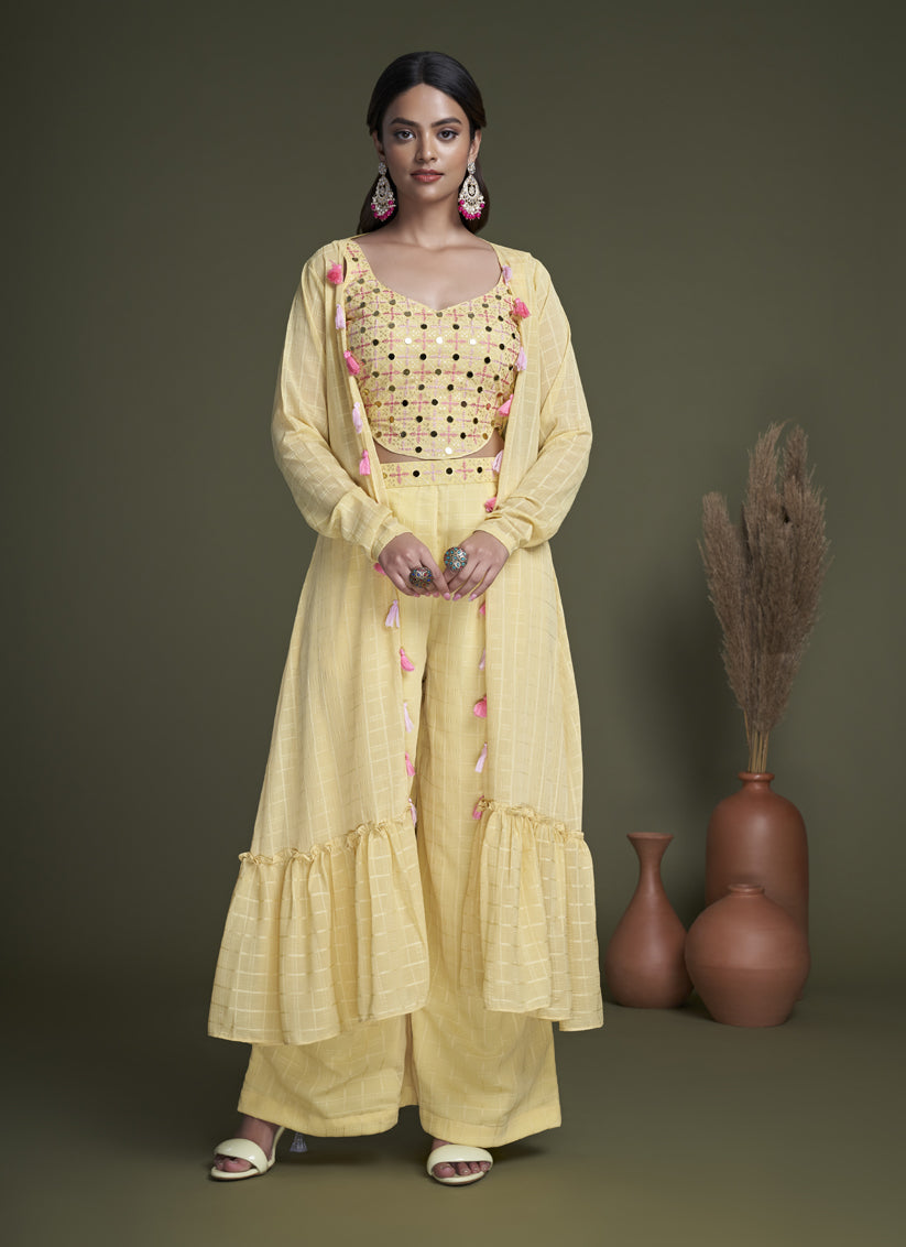 Lemon Yellow Georgette Palazzo with Crop Top and Jacket
