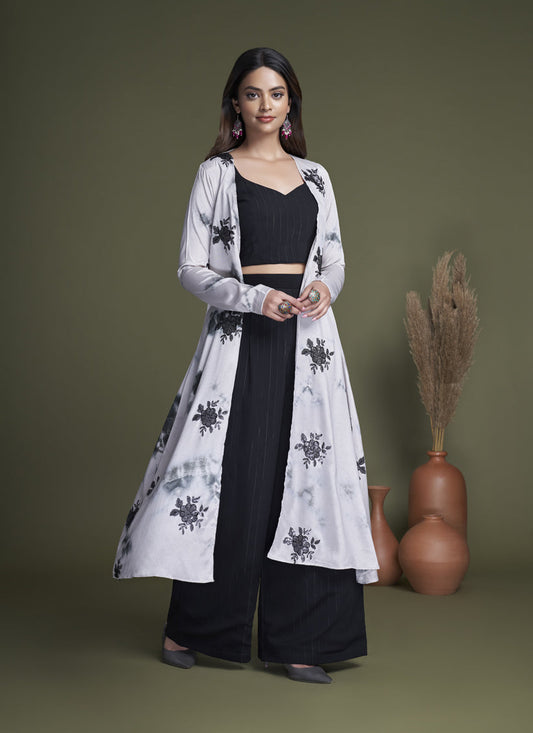 Black Silk Palazzo with Crop Top and Jacket