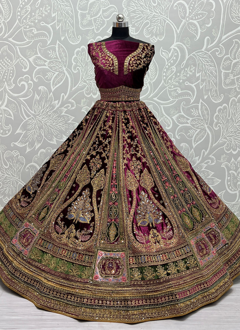 Purple Velvet Bridal Lehenga Choli
