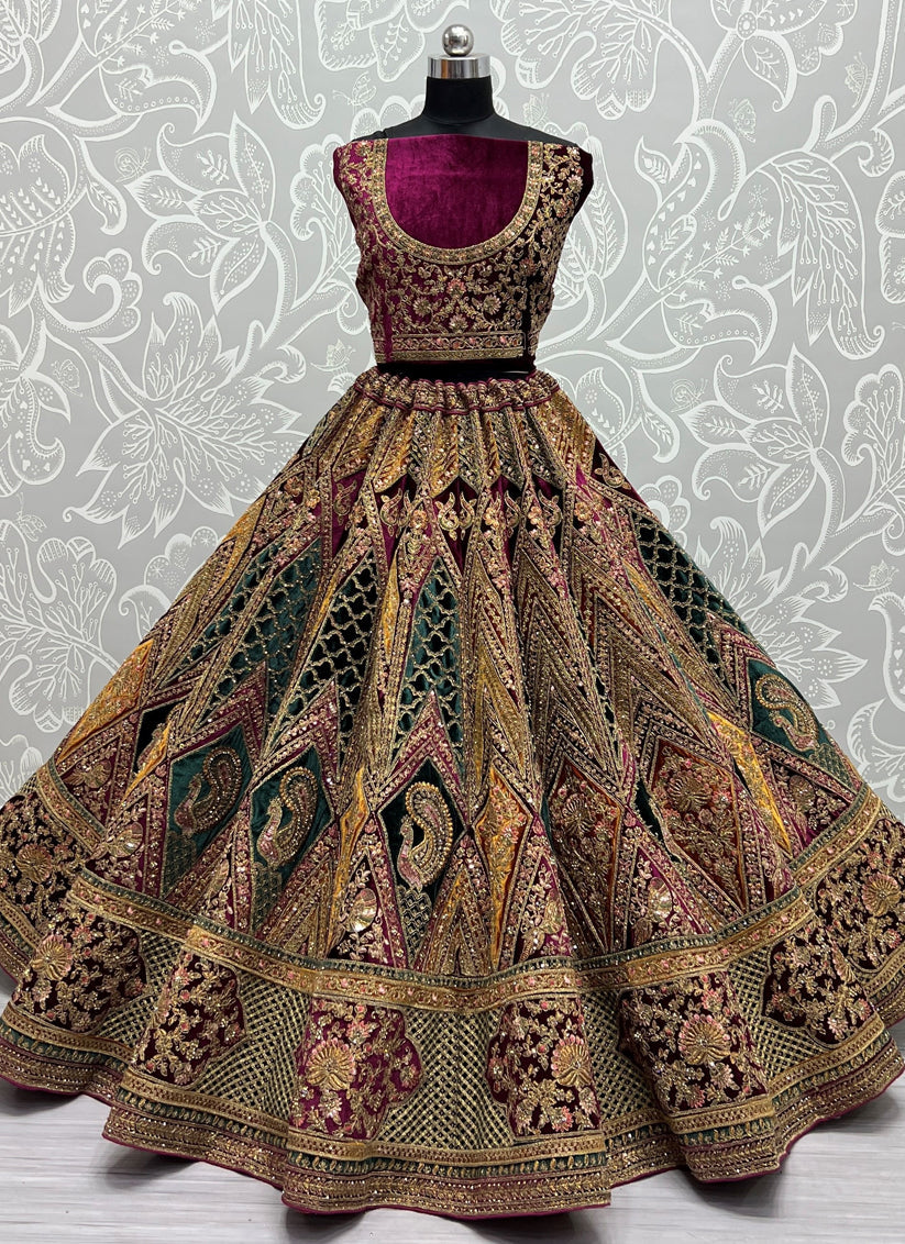 Multicolor Velvet Bridal Lehenga Choli