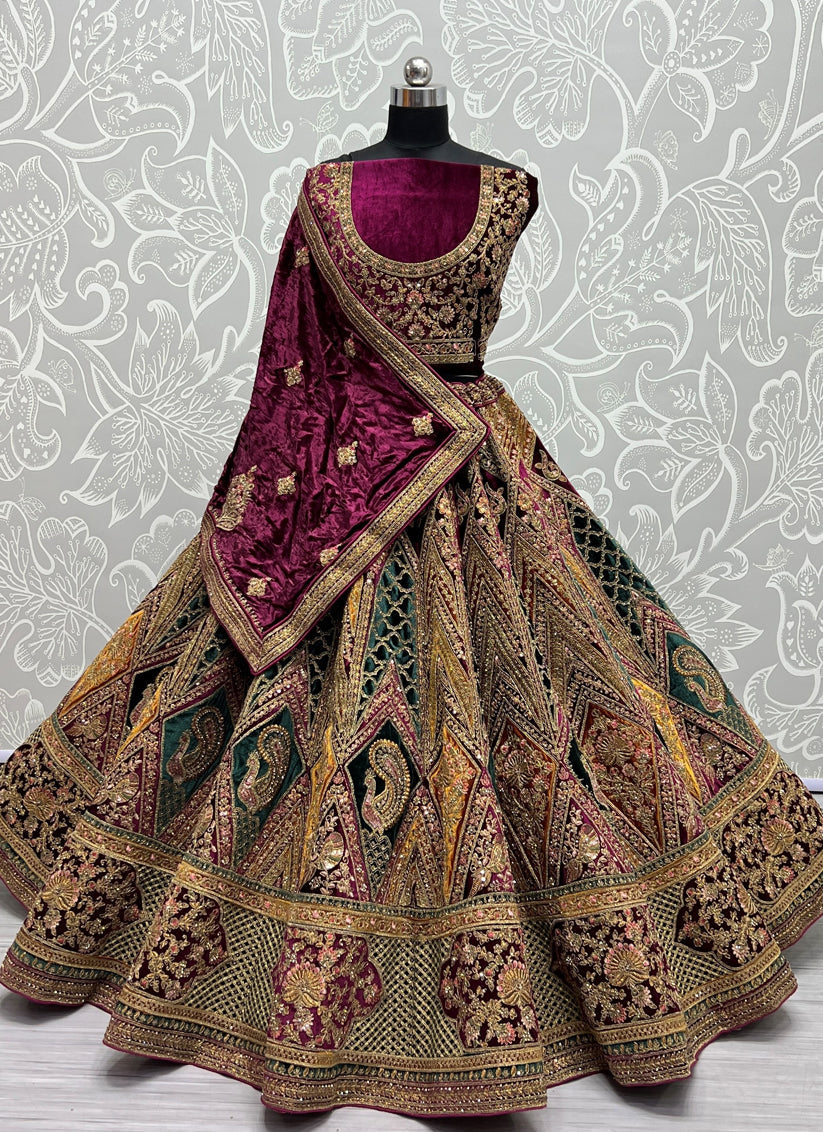Multicolor Velvet Bridal Lehenga Choli