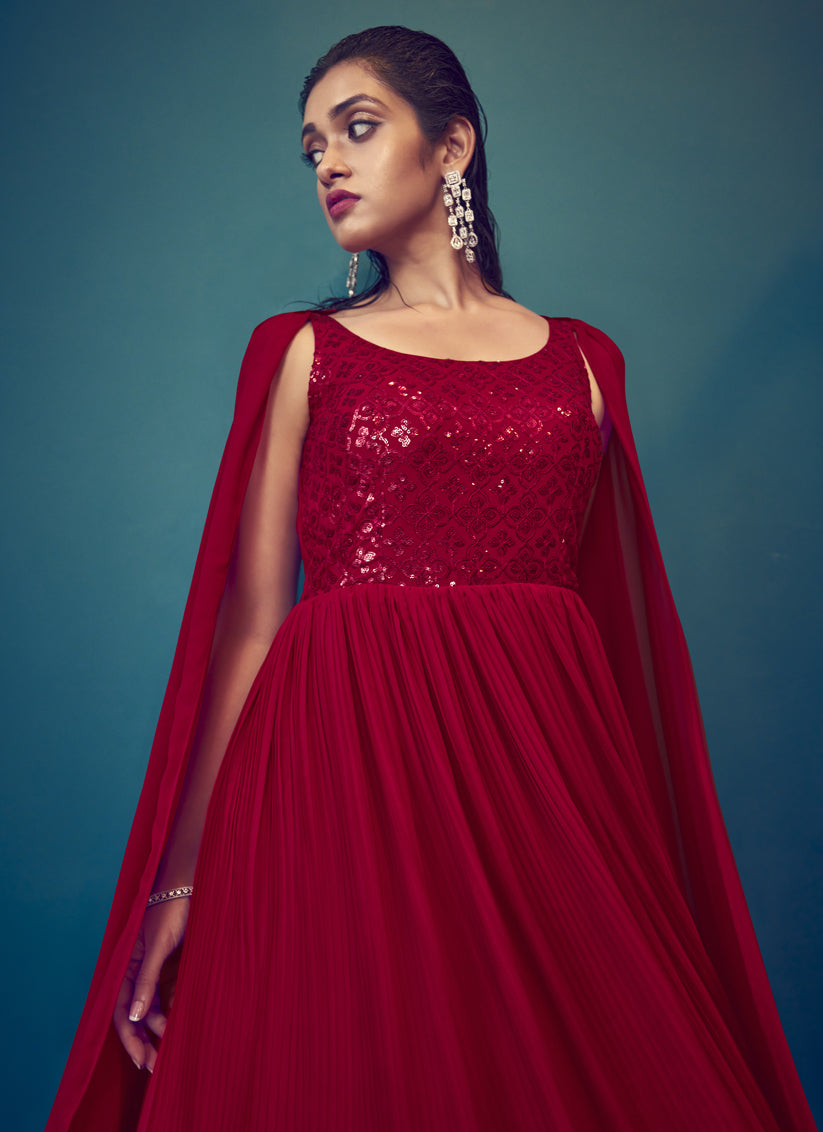 Red Georgette Embroidered Gown