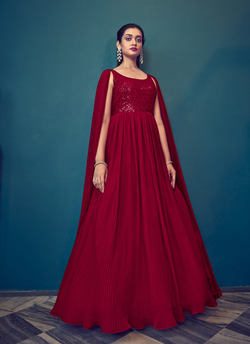 Red Georgette Embroidered Gown