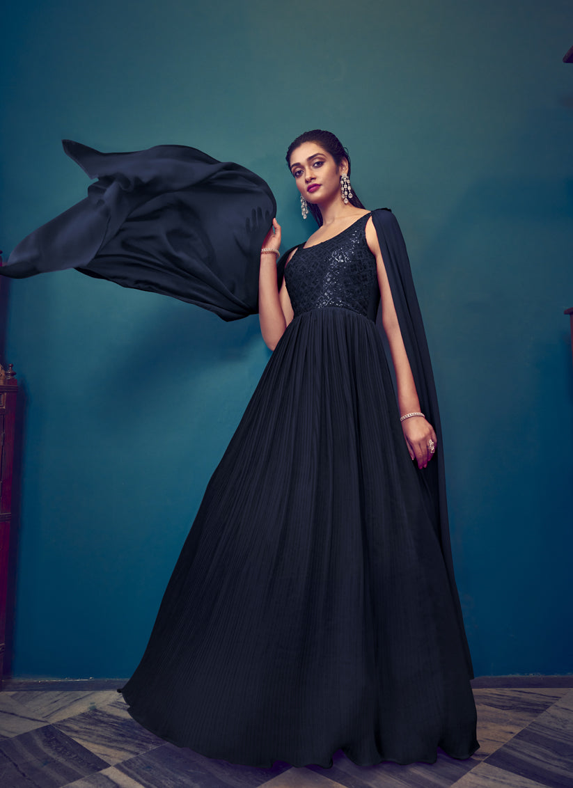 Blue Georgette Embroidered Gown