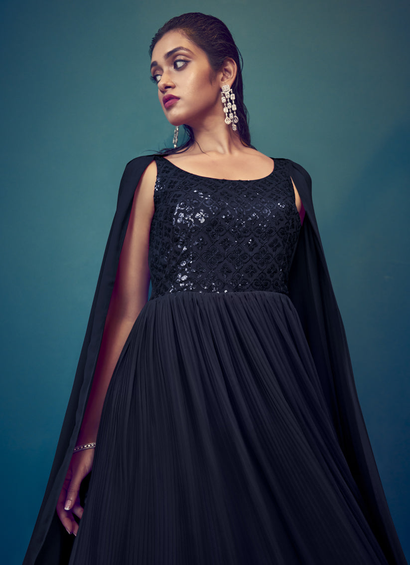 Blue Georgette Embroidered Gown