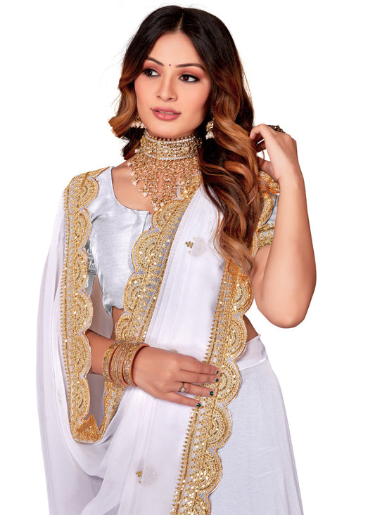White Georgette Embroidered Saree