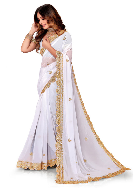 White Georgette Embroidered Saree