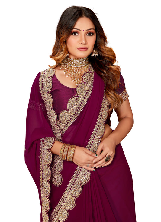 Wine Georgette Embroidered Saree