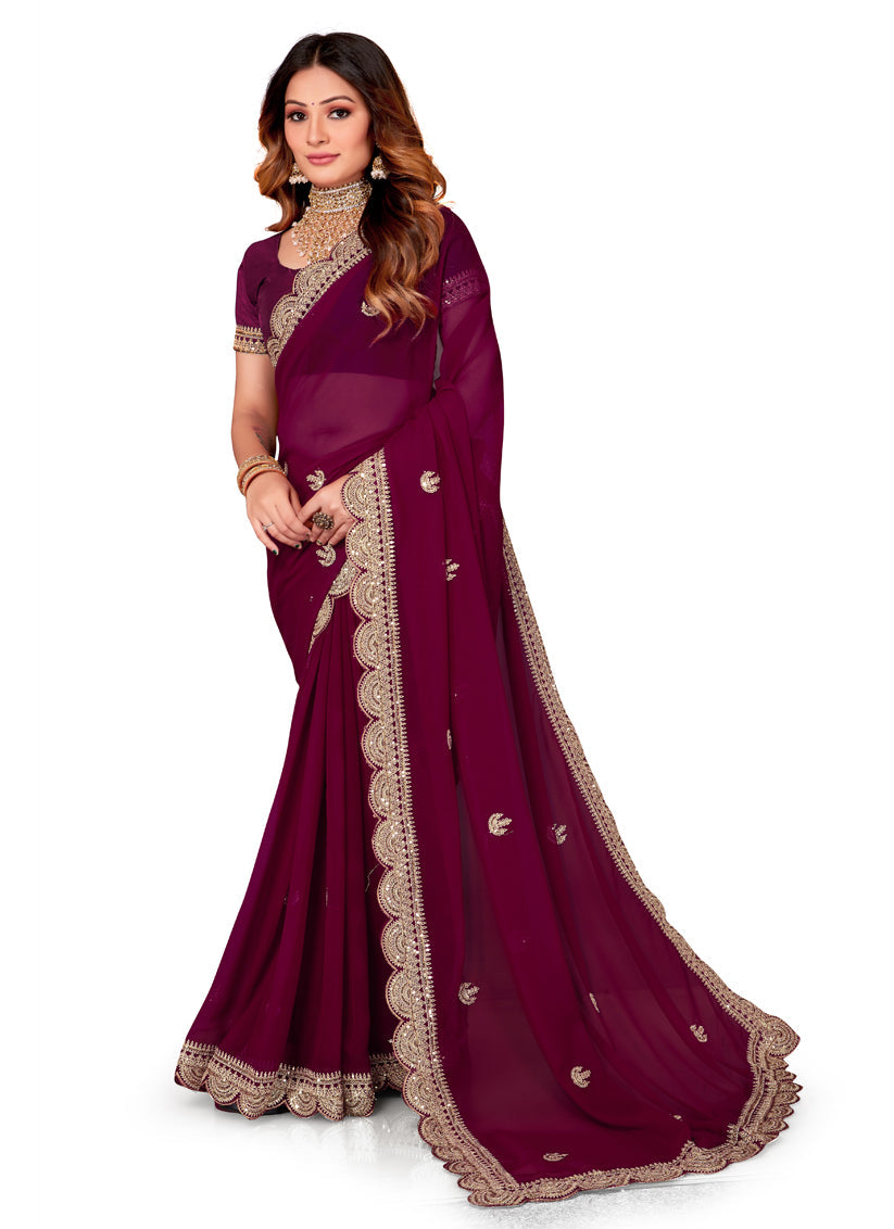 Wine Georgette Embroidered Saree