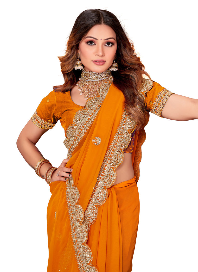 Golden Orange Georgette Embroidered Saree