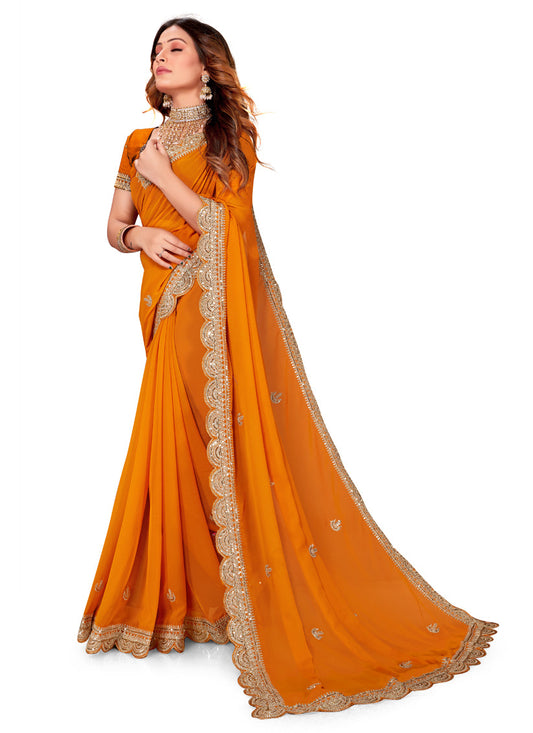 Golden Orange Georgette Embroidered Saree