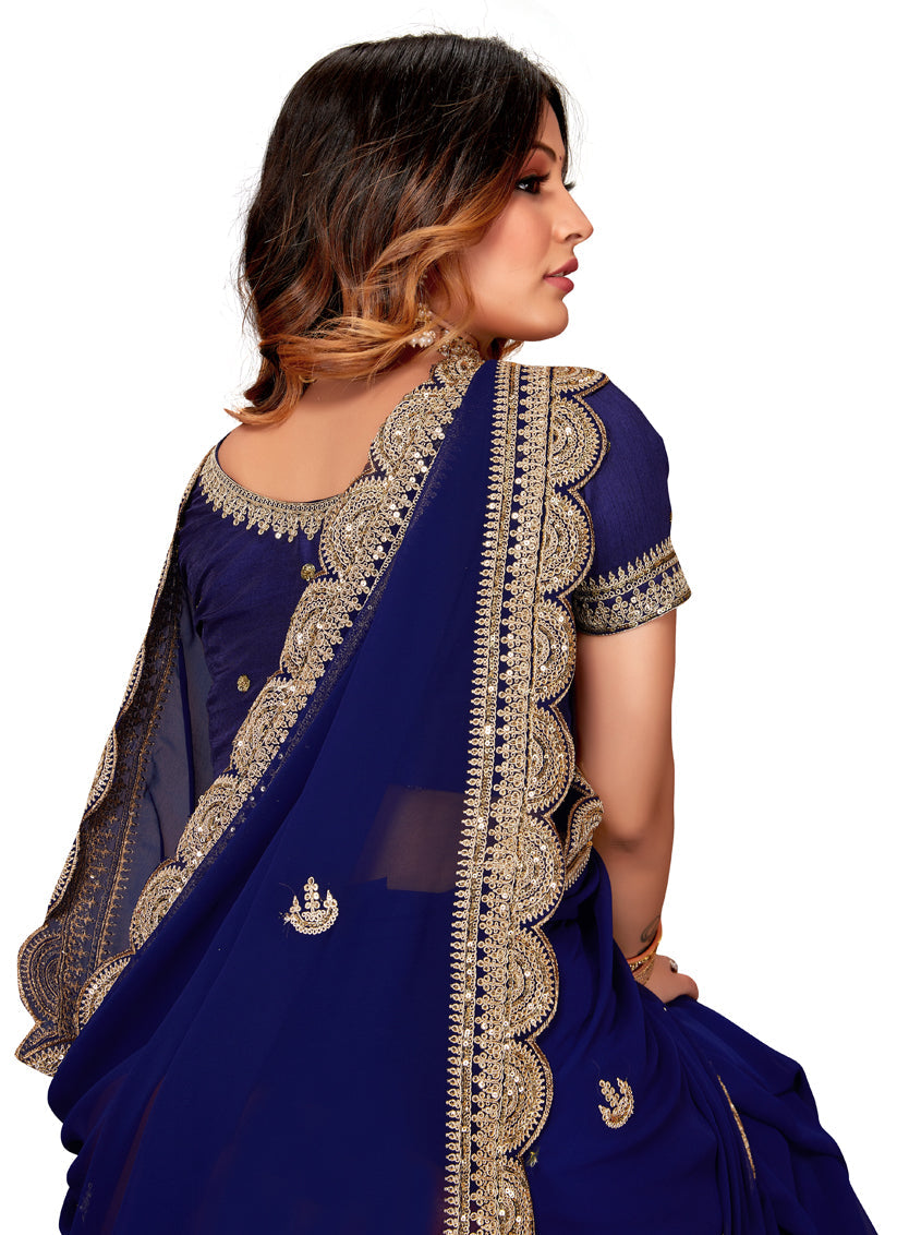 Navy Blue Georgette Embroidered Saree