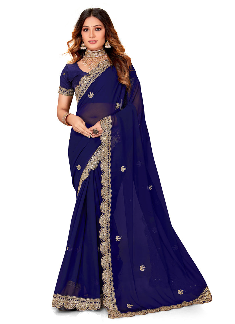 Navy Blue Georgette Embroidered Saree