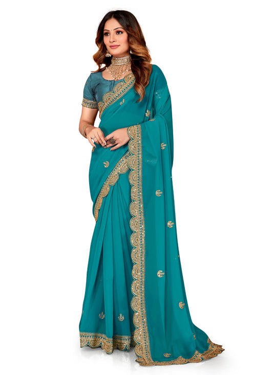 Teal Blue Georgette Embroidered Saree