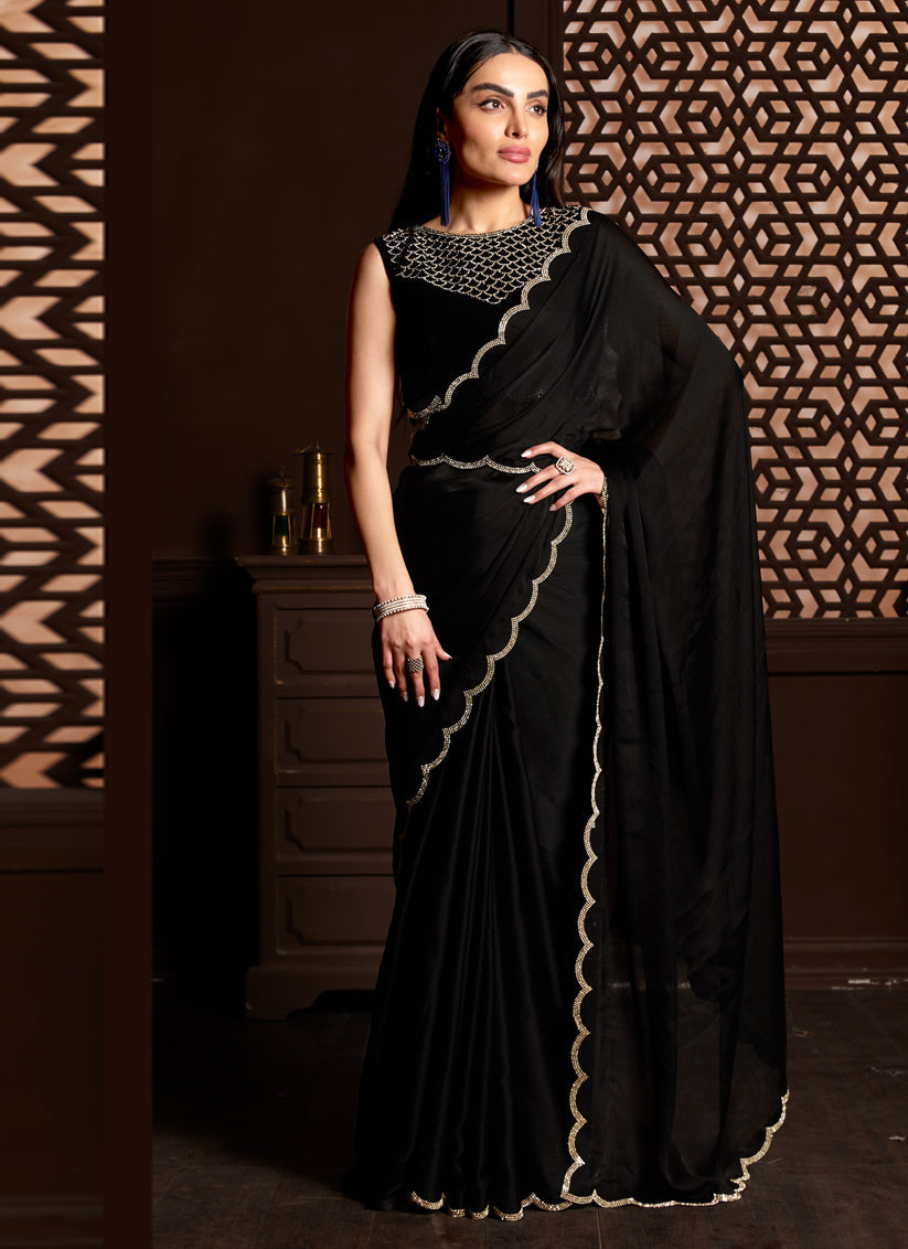 Black Satin Silk Chiffon Embellished Saree