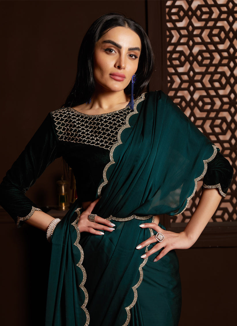 Peacock Blue Satin Silk Chiffon Embellished Saree