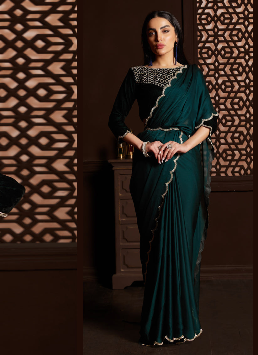 Peacock Blue Satin Silk Chiffon Embellished Saree