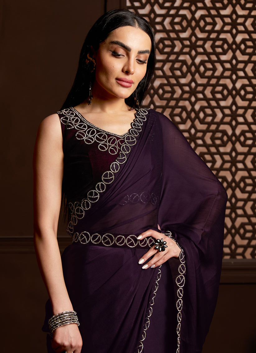 Burgundy Satin Silk Chiffon Embellished Saree