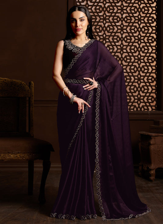 Burgundy Satin Silk Chiffon Embellished Saree