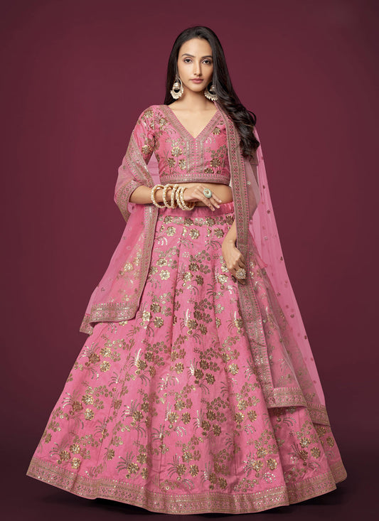 Cherry Pink Slub Silk Embroidered Lehenga Choli