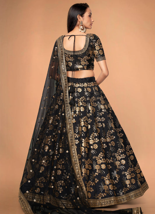 Black Slub Silk Embroidered Lehenga Choli