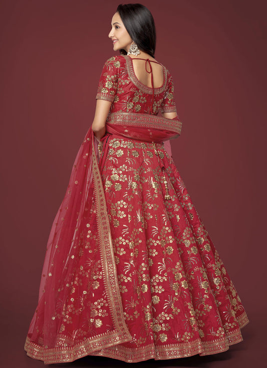 Red Slub Silk Embroidered Lehenga Choli