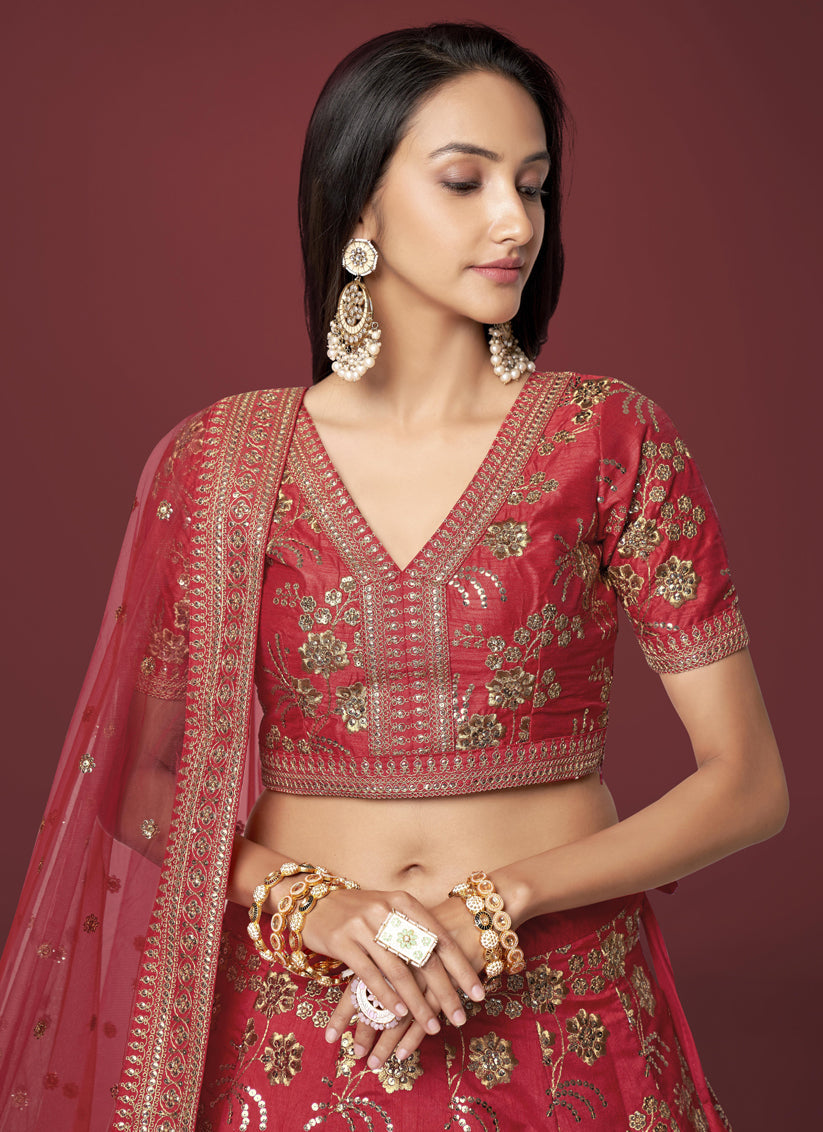 Red Slub Silk Embroidered Lehenga Choli