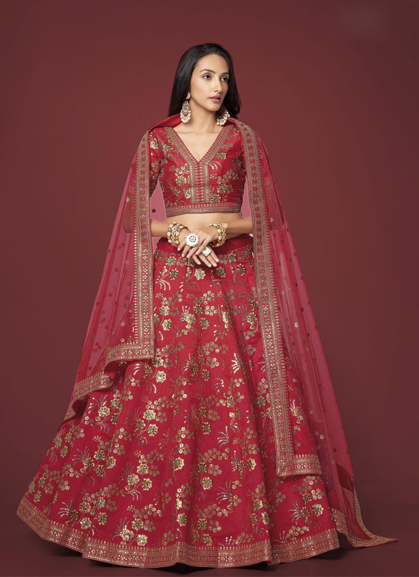 Red Slub Silk Embroidered Lehenga Choli
