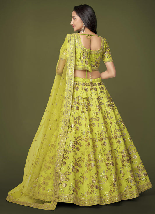 Neon Green Slub Silk Embroidered Lehenga Choli