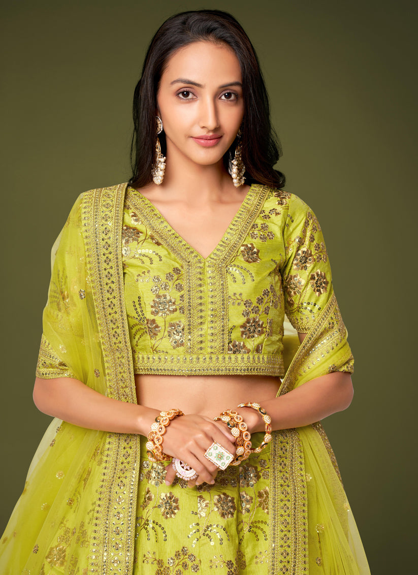 Neon Green Slub Silk Embroidered Lehenga Choli