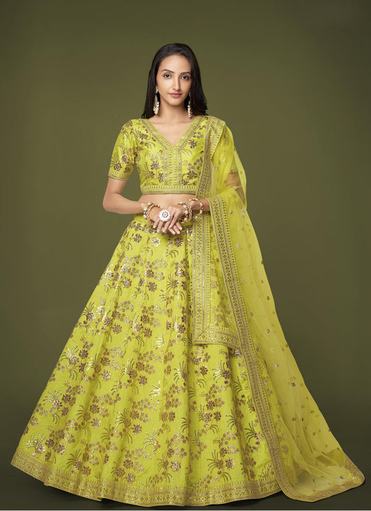 Neon Green Slub Silk Embroidered Lehenga Choli