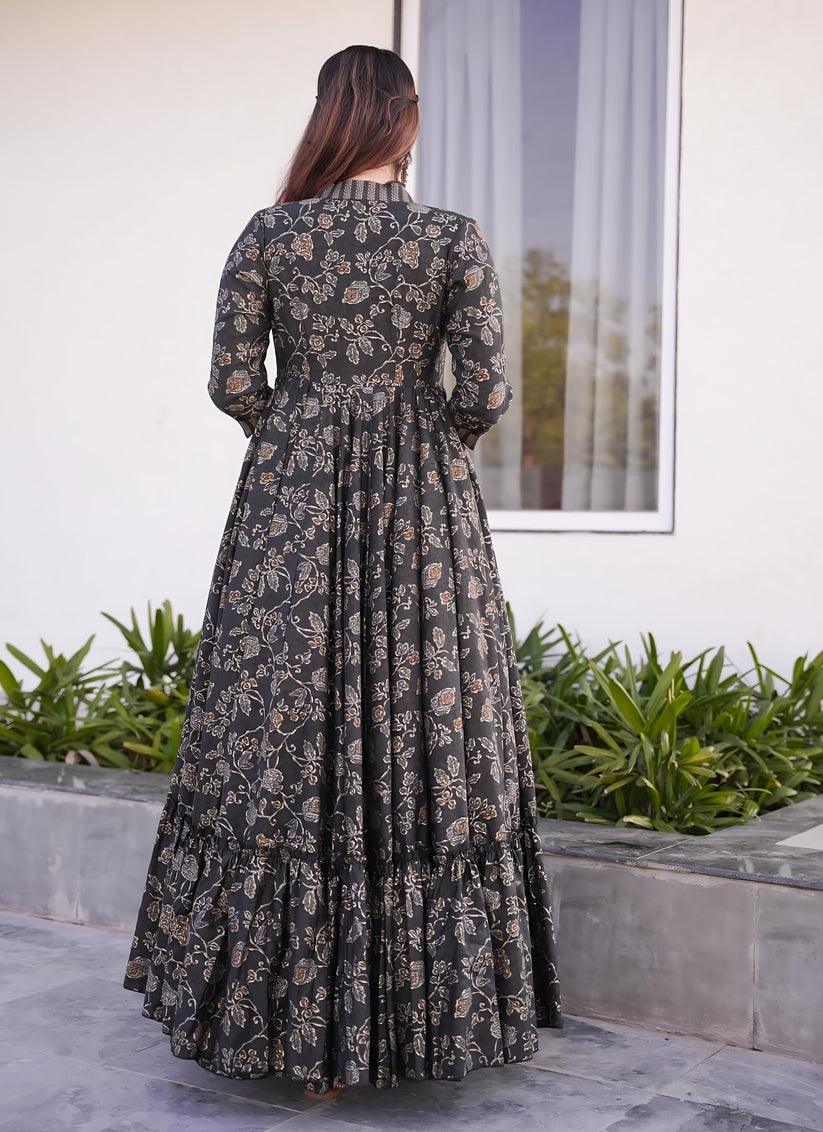 Charcoal Black Muslin Printed Indo Western