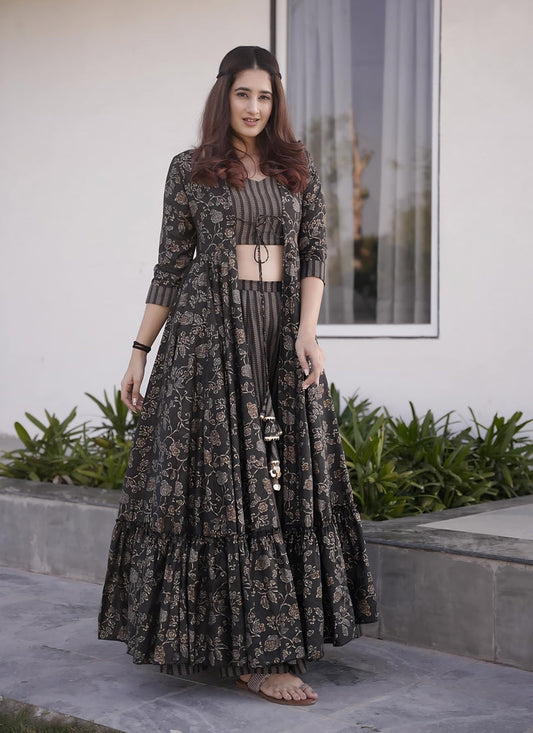 Charcoal Black Muslin Printed Indo Western