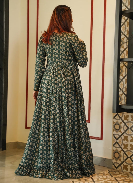 Pine Green Muslin Printed Indo Western