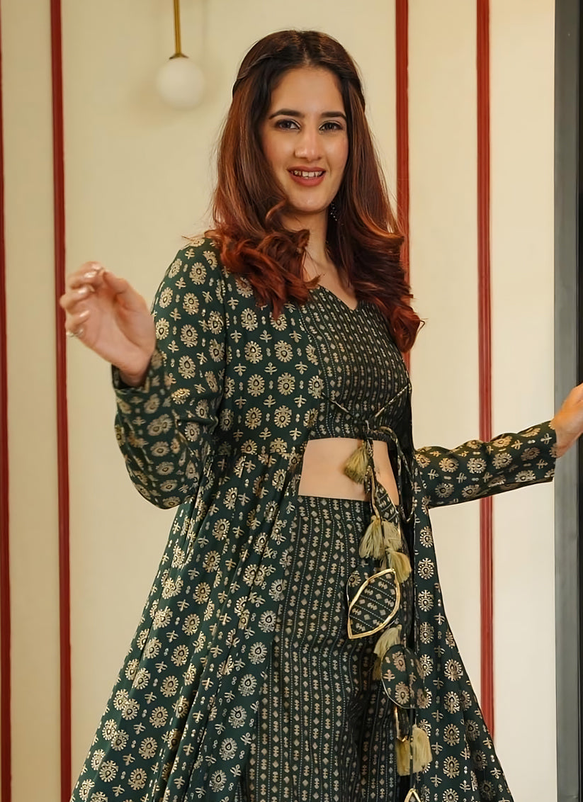 Pine Green Muslin Printed Indo Western