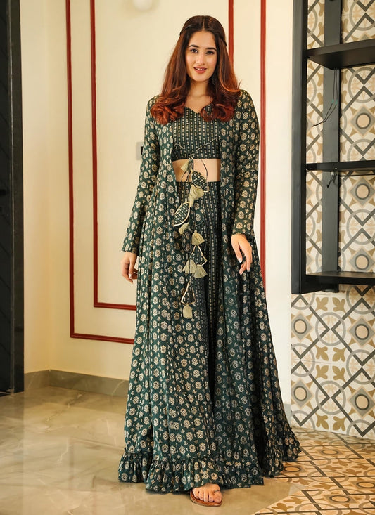Pine Green Muslin Printed Indo Western