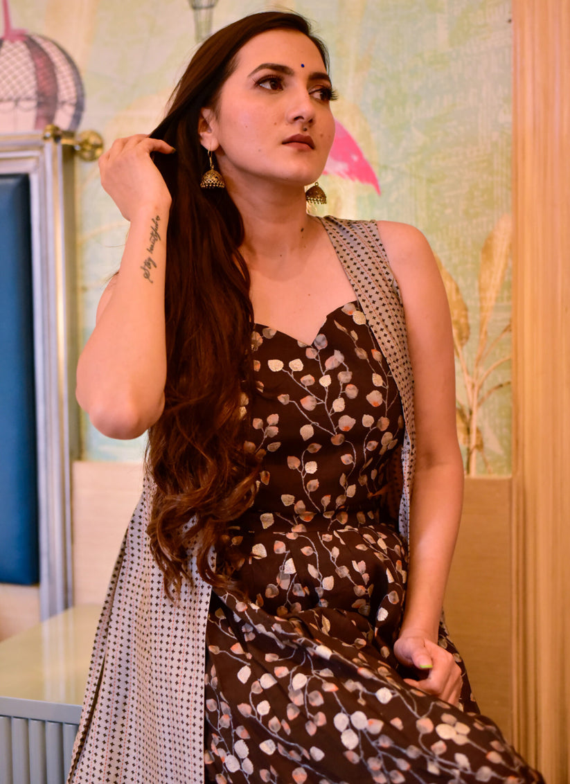 Chocolate Brown Muslin Printed Indo Western