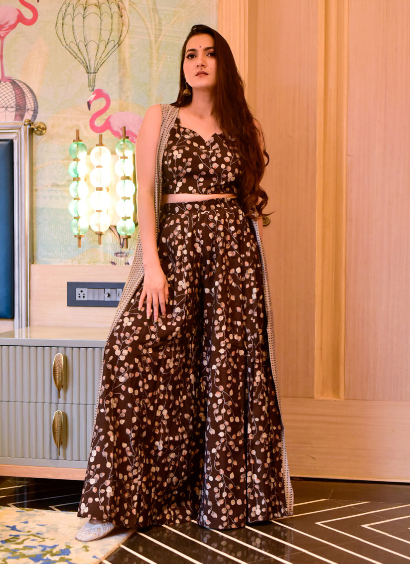 Chocolate Brown Muslin Printed Indo Western